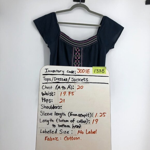 Roxy Navy Off The Shoulder Square Neck Bohemian Embroidered Top size ~L - Picture 7 of 13